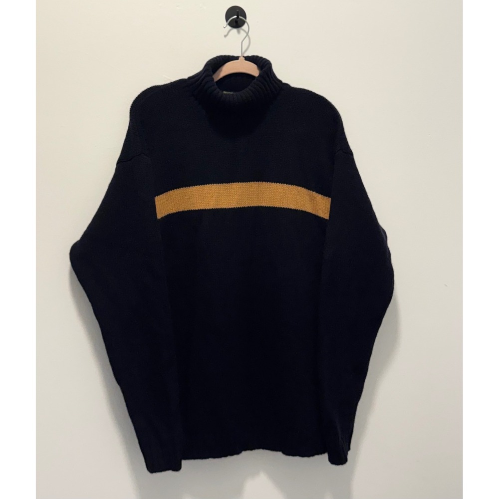Vintage Timberland Mens Navy Blue Lambswool Blend Striped Turtleneck Sweater M - Picture 2 of 11